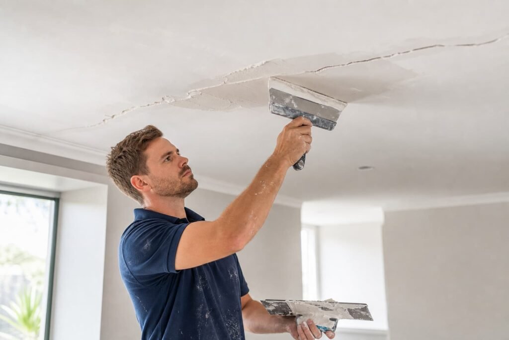 Tradesperson repairing a cracked white plasterboard ceiling