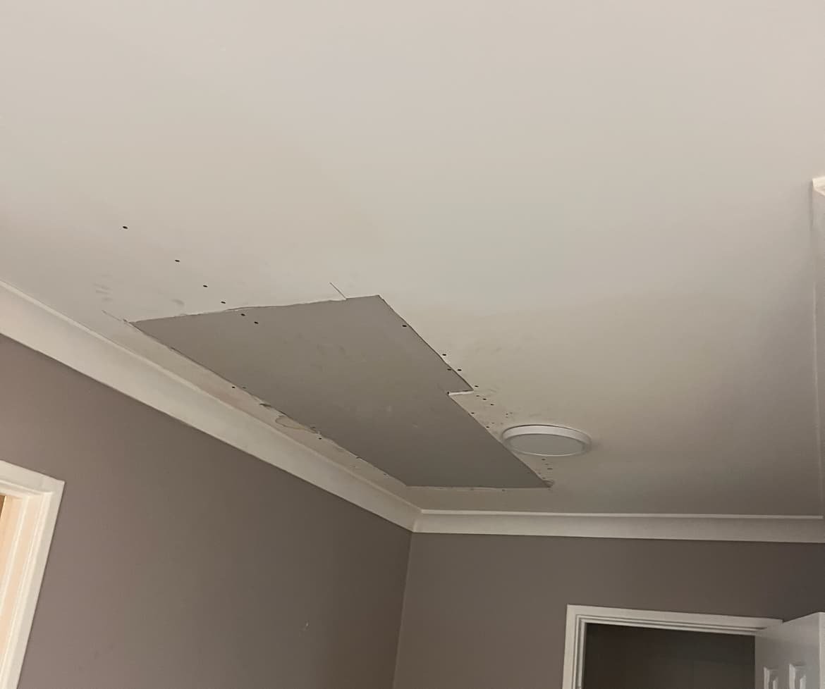 Damaged plasterboard ceiling undergoing repair by Westaus Commercial Services in Perth