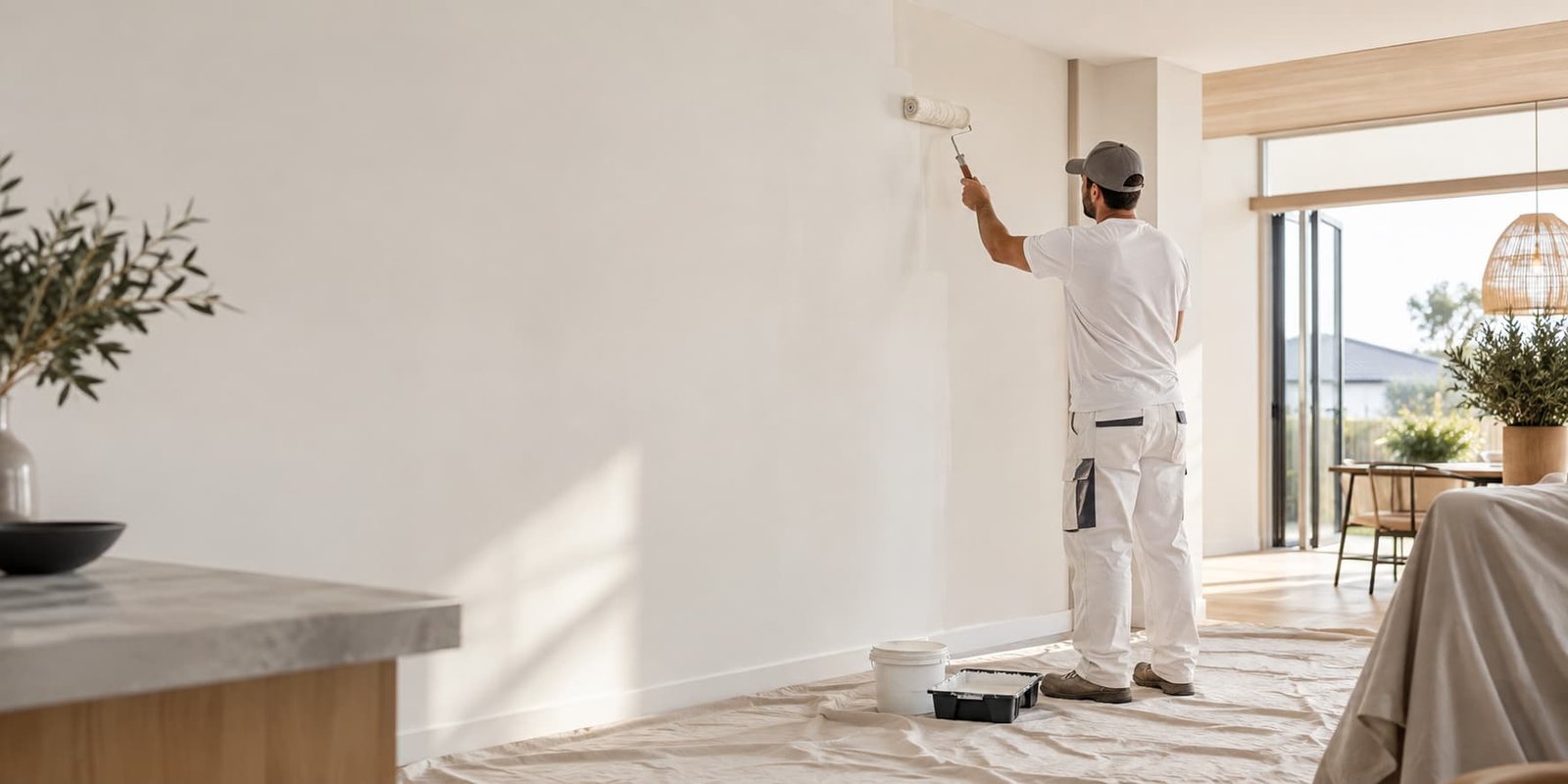 Professional painter applying fresh white paint to an interior wall in a Perth home