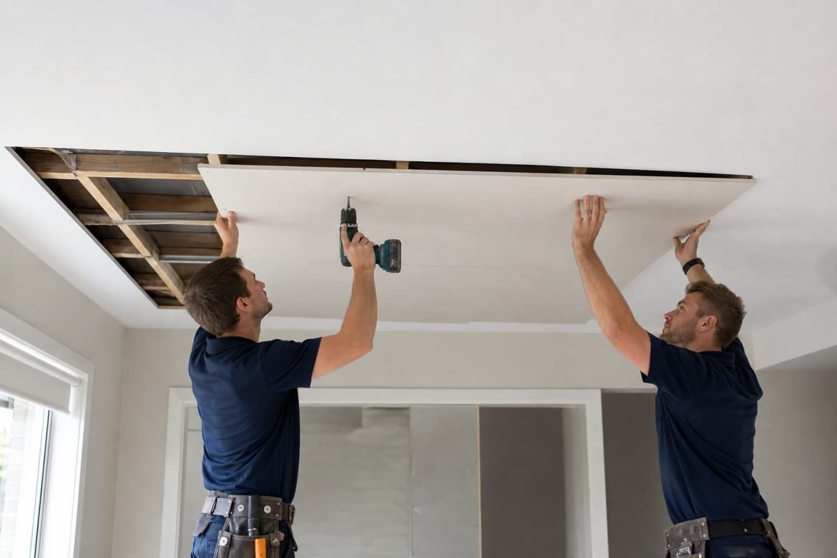 Two tradespeople replacing a plasterboard ceiling panel