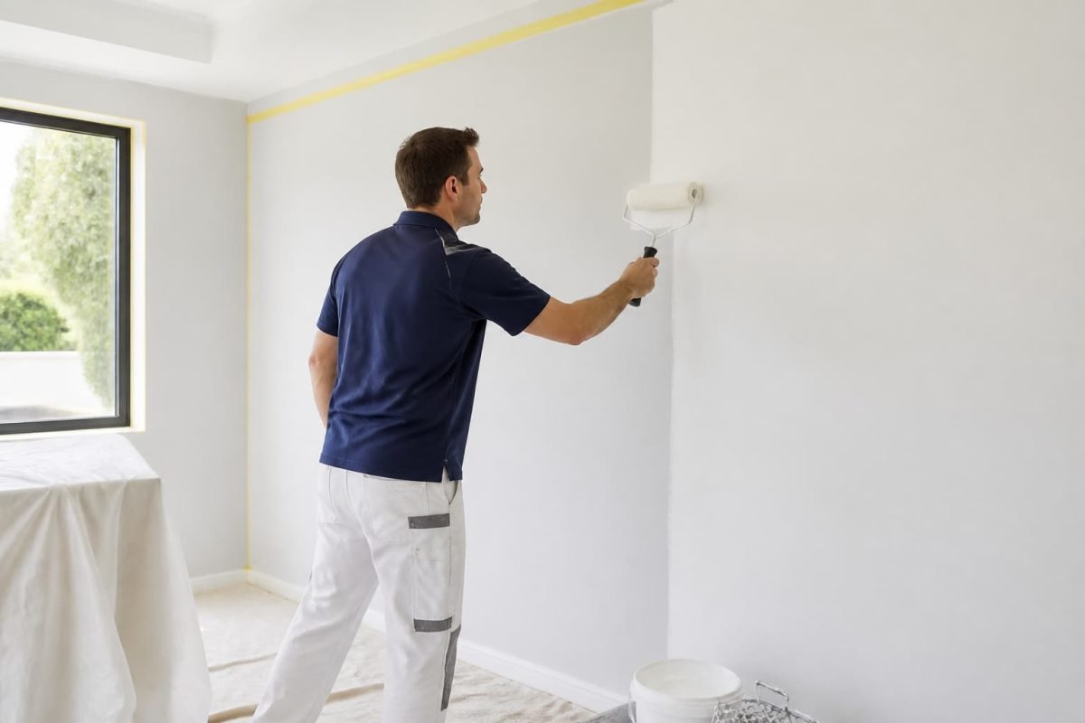 Painter applying white paint to a prepared interior wall